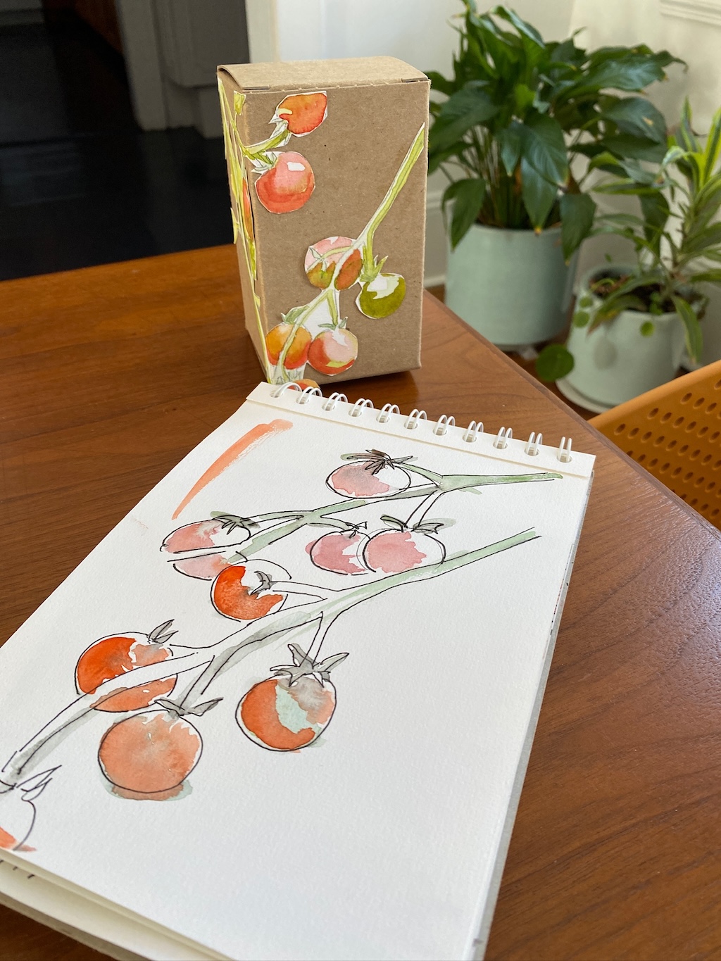 Sketch of tomatoes in a spiral bound sketchbook.