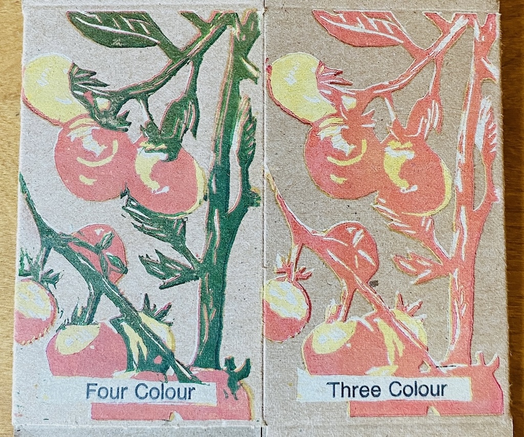 Four Colour and Three Colour printed in type over the lino print.