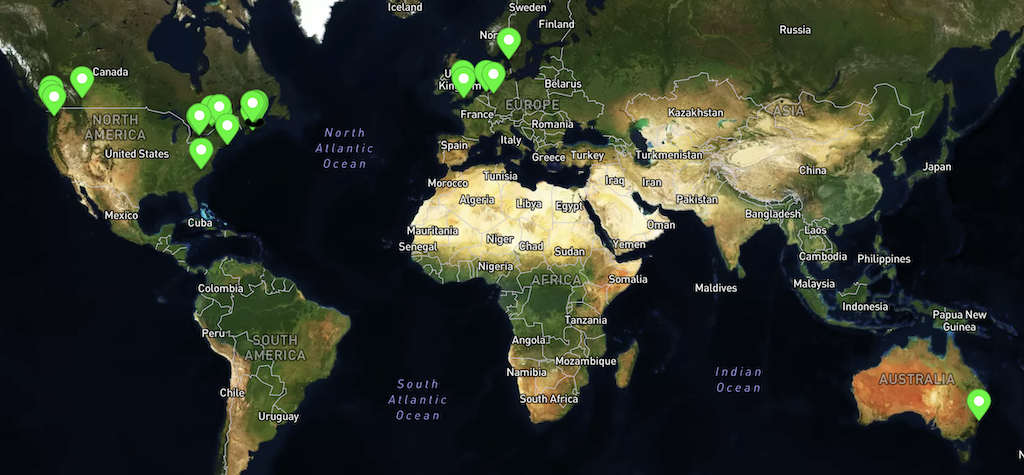 A satellite map of the world, with a green marker showing the location of each registered box.
