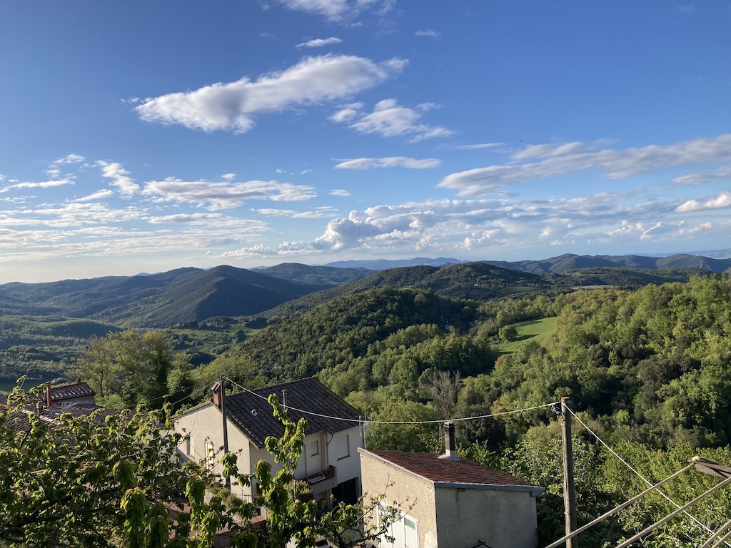 The view of the Tuscan countryside from our Serrazzano apartment: lush green forest and rolling hills.