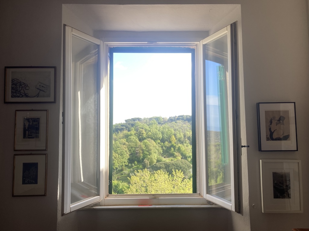 A view out the window of our Serrazzano apartment kitchen of forested hills.