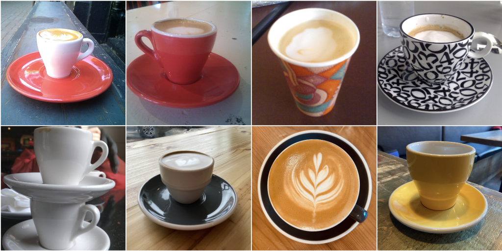 A grid of reference photos of coffee cups of various types, four across by two down.