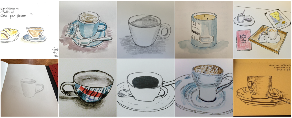 A grid of 10 thumbnails of sketches of coffee cups in different styles.