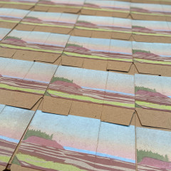 Printed boxes, unassembled, laid out to dry.