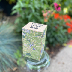 Finished box, on a bottle against the backdrop of our garden.