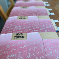 A series of boxes printed with the pink layer.