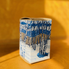 A finished box, photographed in front of a wooden cabinet