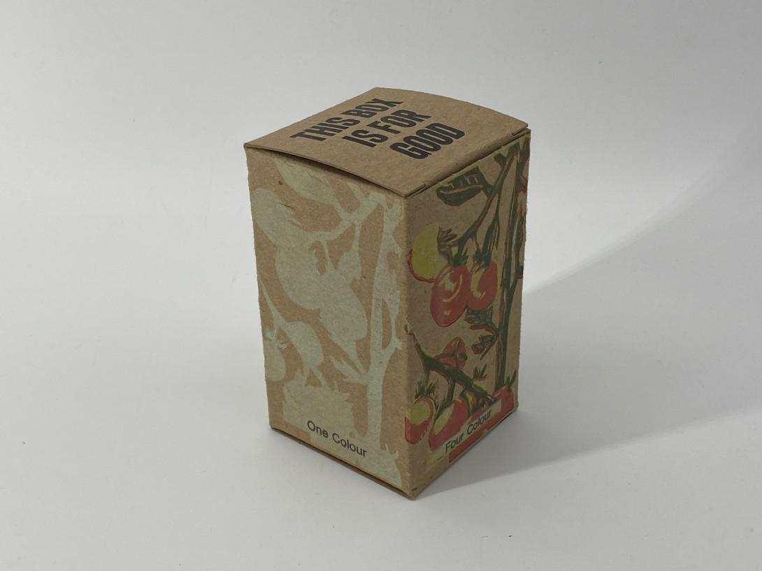 A brown cardboard box against a white background. Printed on the box are tomato leaves and fruit.