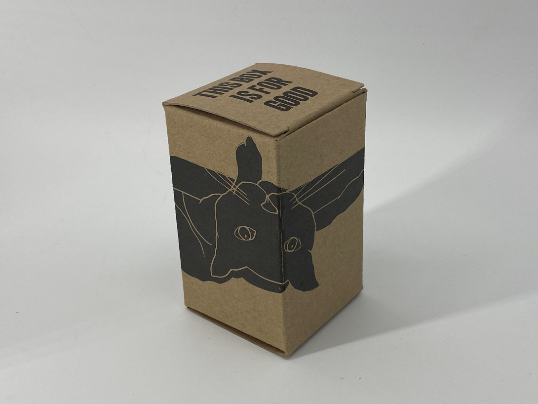 A brown cardboard box on a white background. Printed on the box, facing upside down, is a black cat
