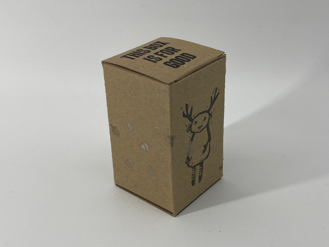A brown cardboard box on a white background. Printed on the box, on the right, is a Woodland creature. On the left our seeds, or acorns